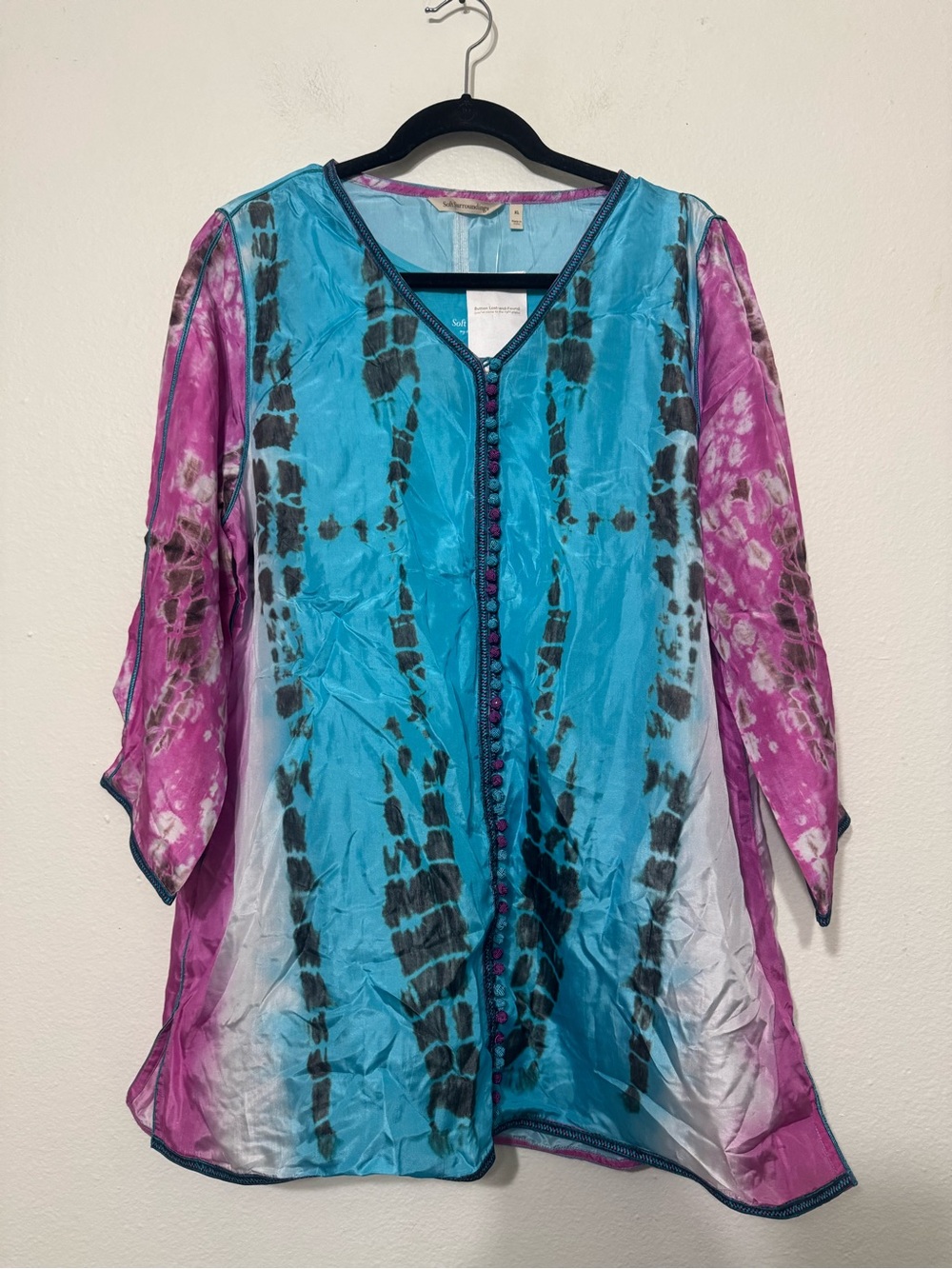 Soft Surroundings Curacao Blue Pink Silk Tie Dye Tunic Top Blouse Size XL NWT - Picture 3 of 14